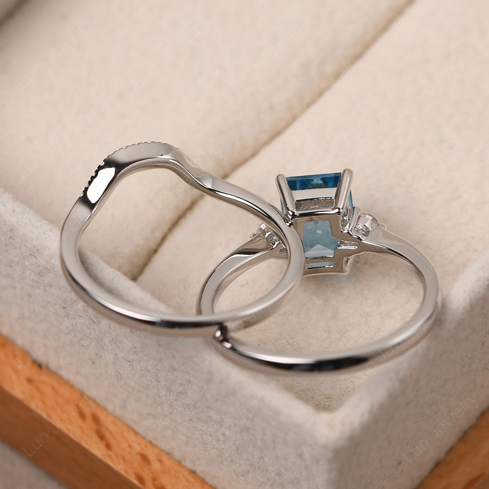 Swiss Blue Topaz Engagement Ring With Curved Wedding Band - LUO Jewelry