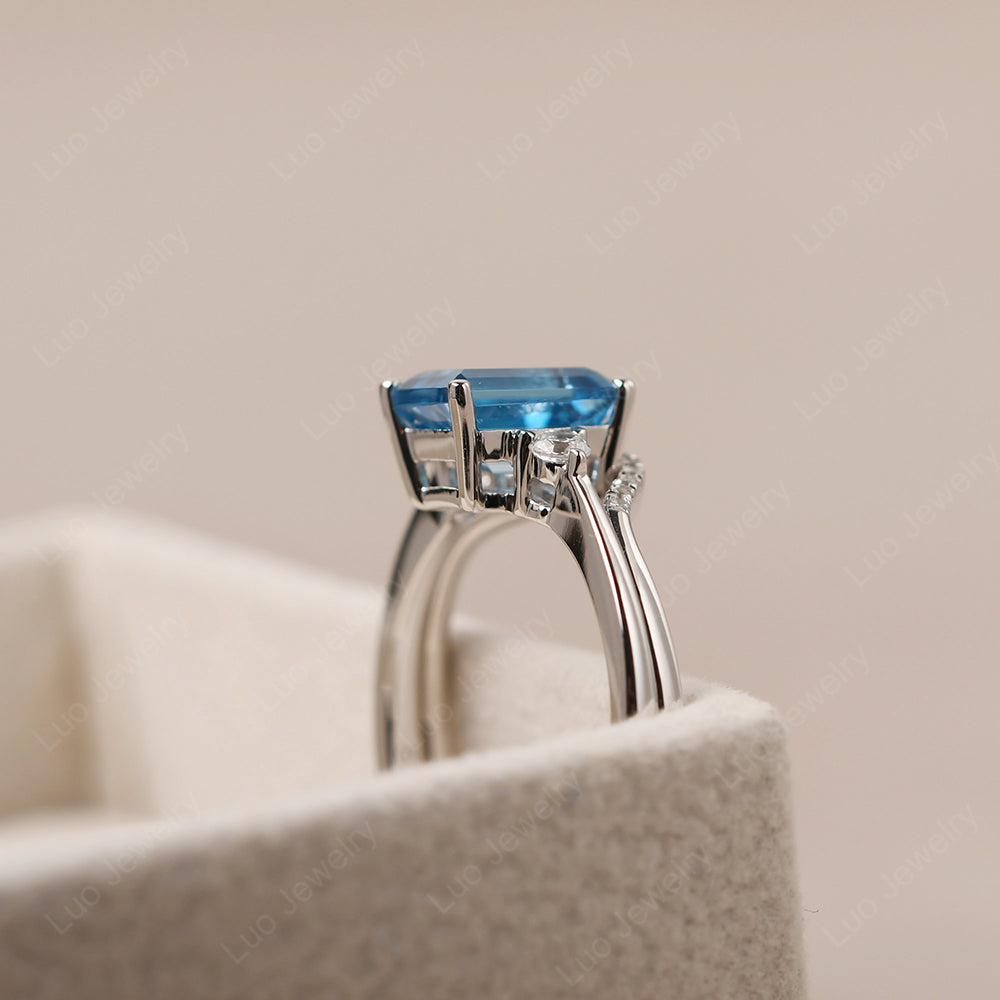 Swiss Blue Topaz Engagement Ring With Curved Wedding Band - LUO Jewelry