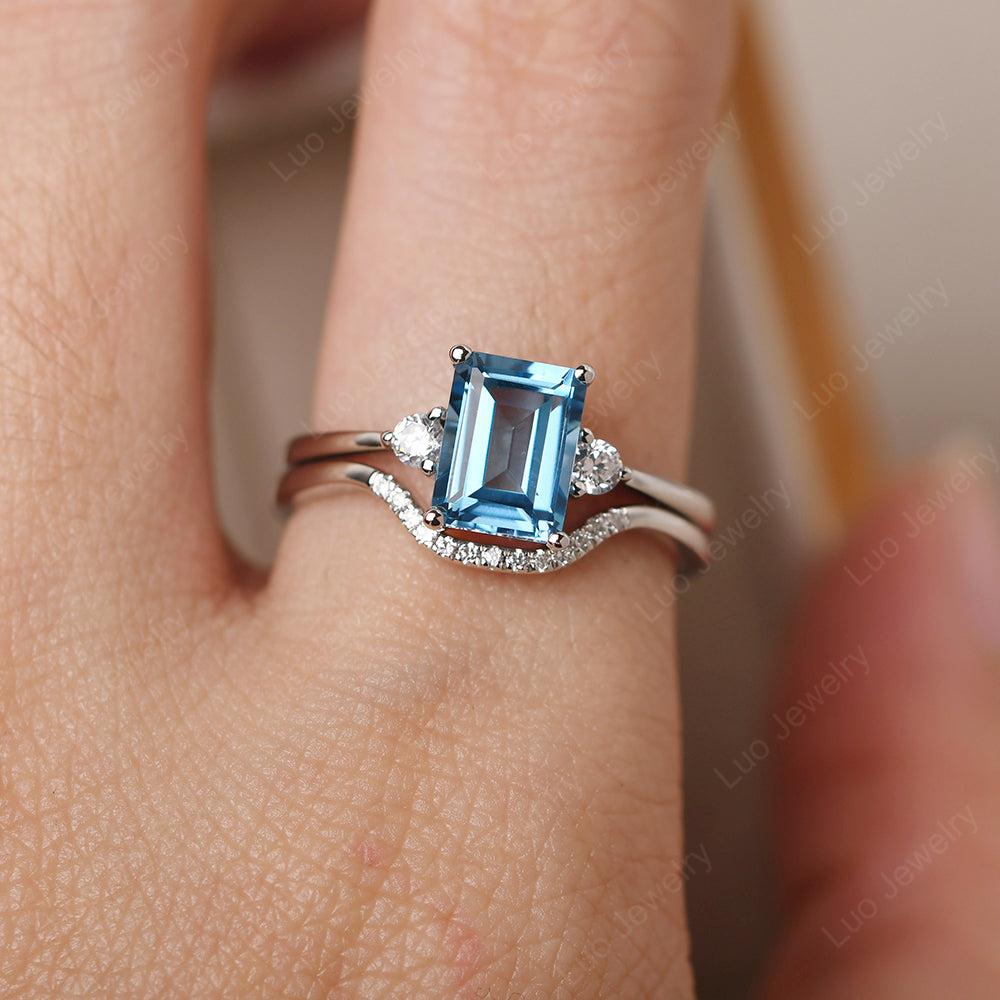 Swiss Blue Topaz Engagement Ring With Curved Wedding Band - LUO Jewelry