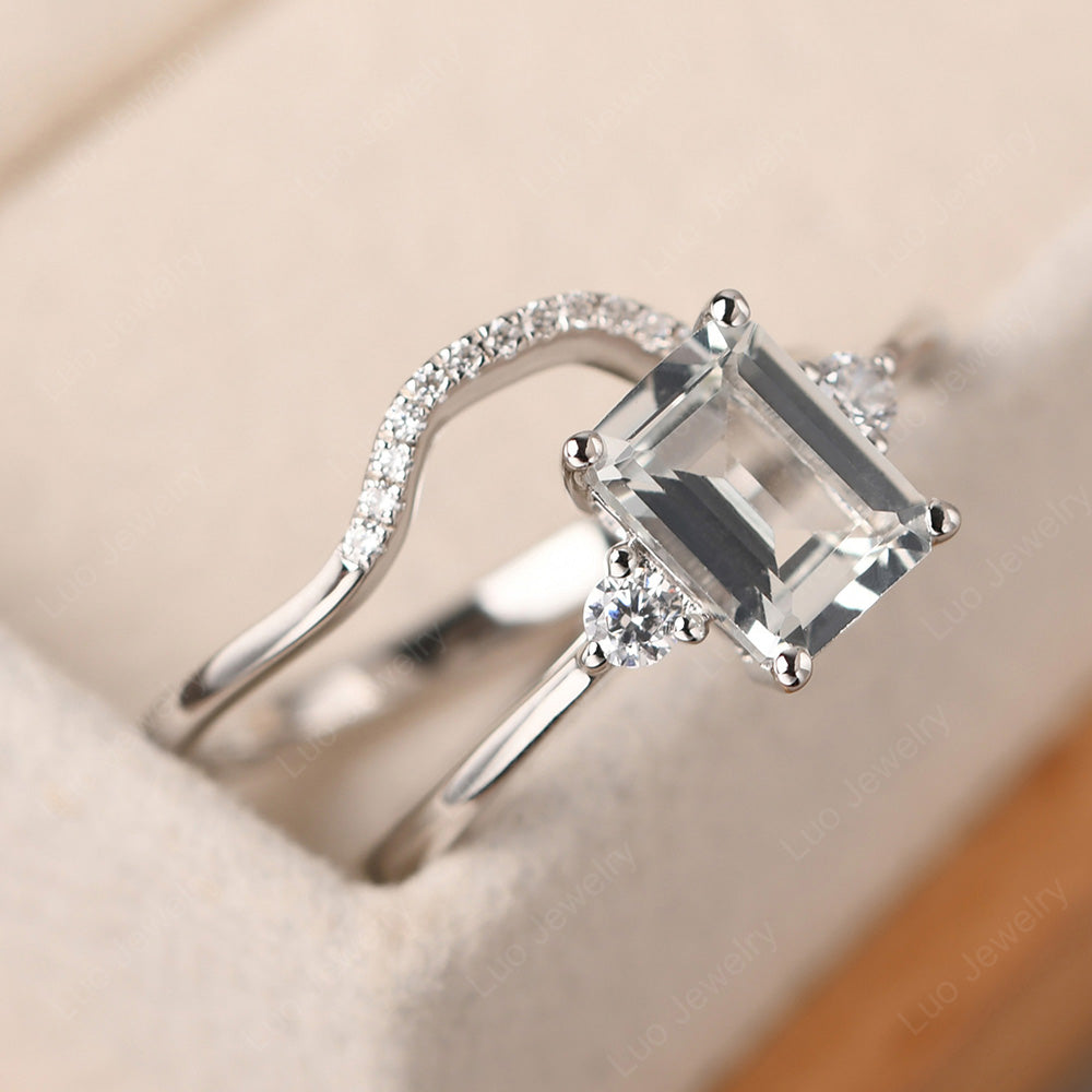 White Topaz Engagement Ring With Curved Wedding Band - LUO Jewelry