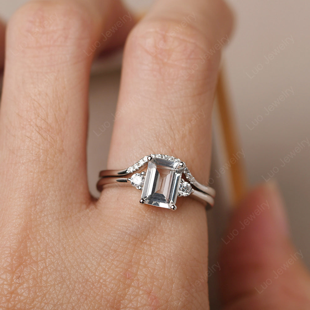 White Topaz Engagement Ring With Curved Wedding Band - LUO Jewelry