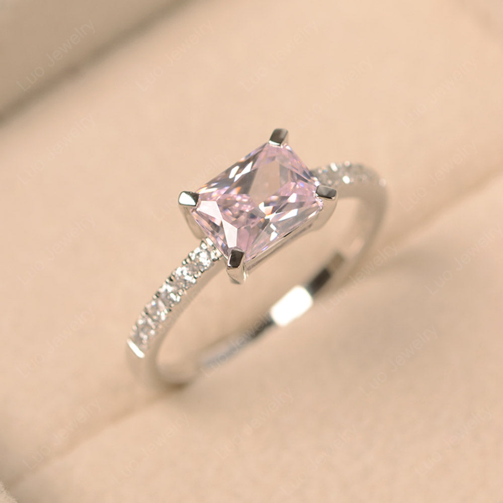 Emerald Cut Cubic Zirconia Ring Horizontal Engagement Ring - LUO Jewelry
