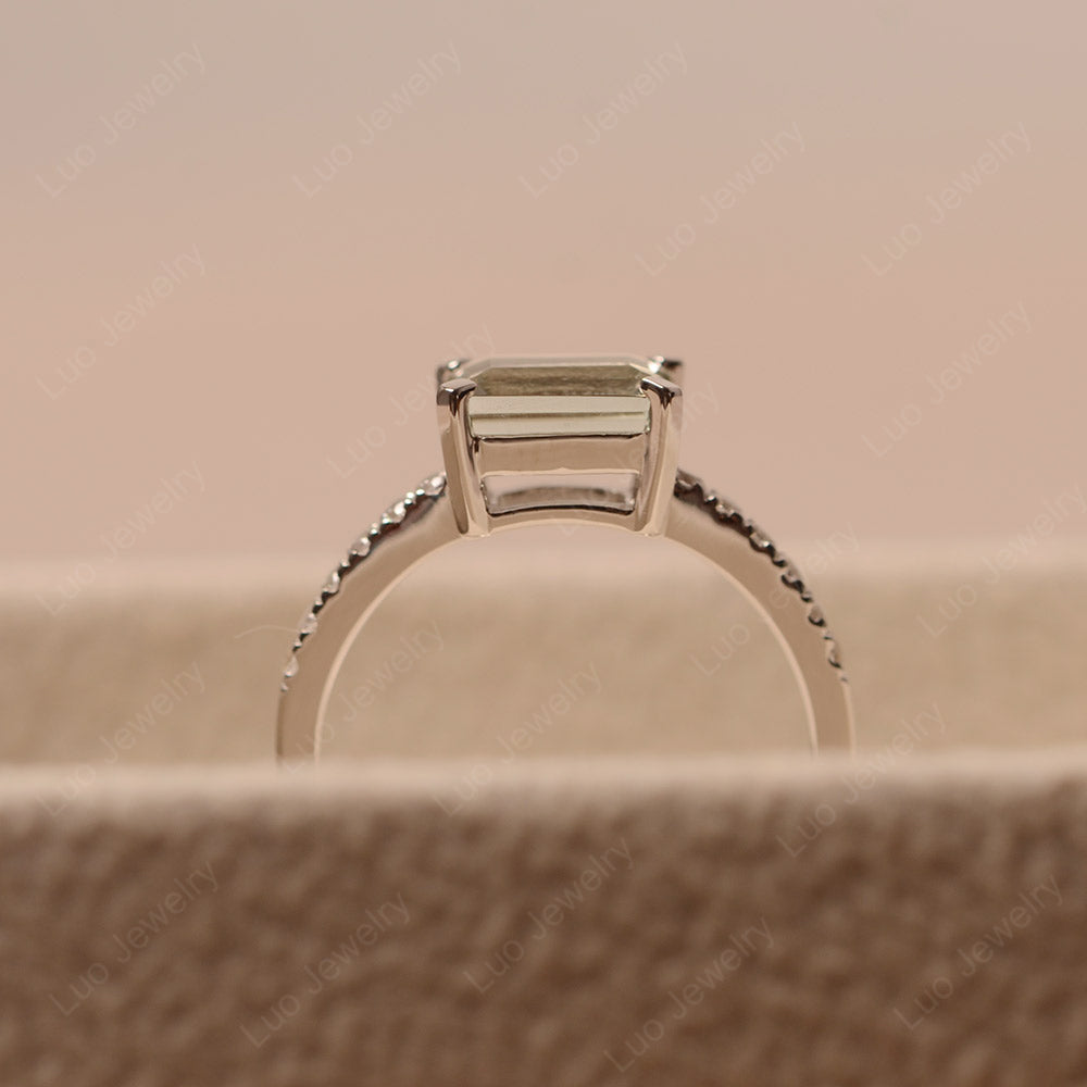 Emerald Cut Green Amethyst Ring Horizontal Engagement Ring - LUO Jewelry