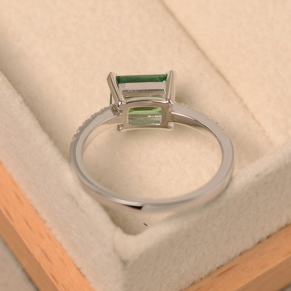 Emerald Cut Green Sapphire Ring Horizontal Engagement Ring - LUO Jewelry