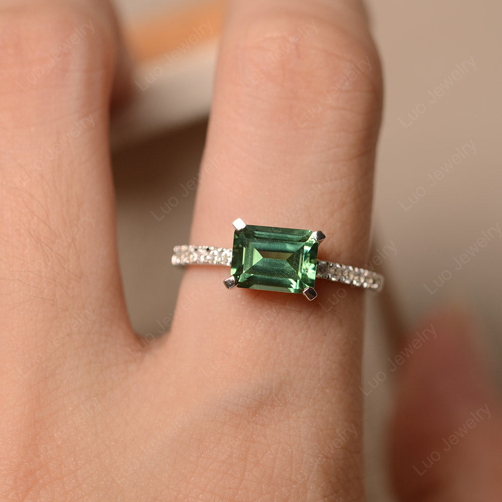Emerald Cut Green Sapphire Ring Horizontal Engagement Ring - LUO Jewelry