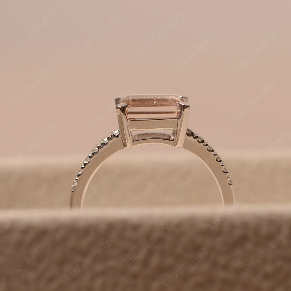 Emerald Cut Morganite Ring Horizontal Engagement Ring - LUO Jewelry