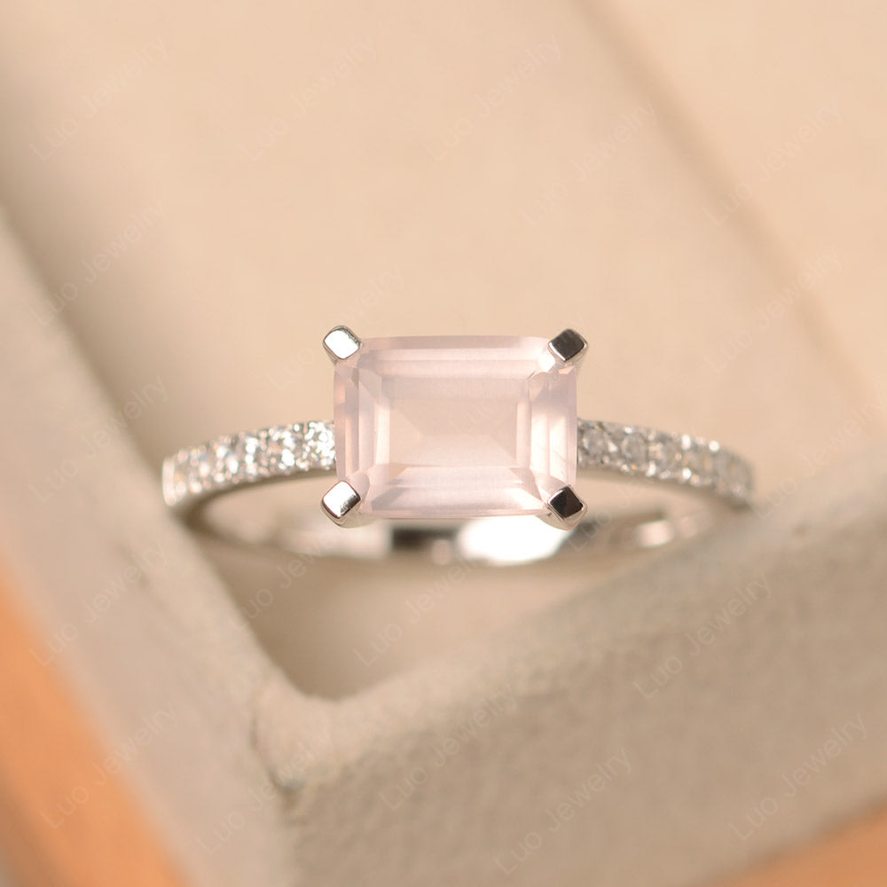 Emerald Cut Rose Quartz Ring Horizontal Engagement Ring - LUO Jewelry