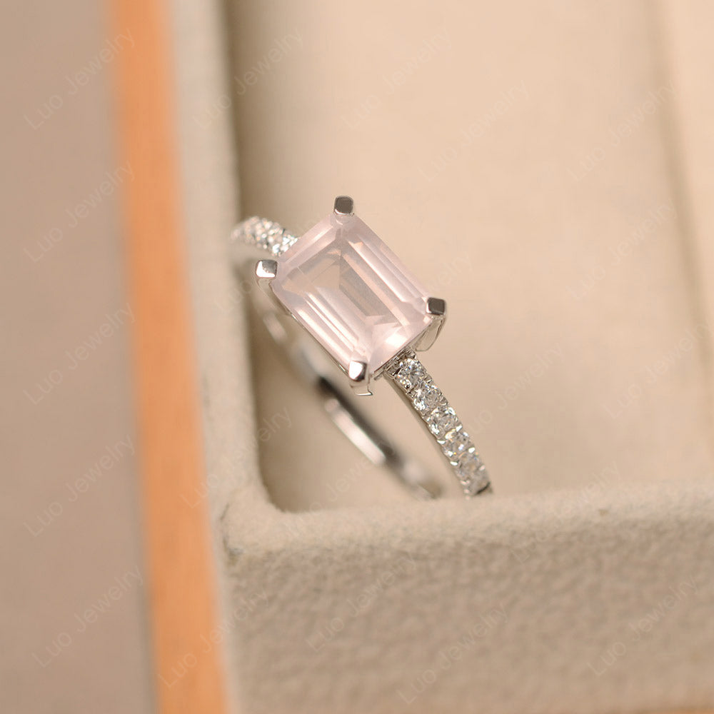 Emerald Cut Rose Quartz Ring Horizontal Engagement Ring - LUO Jewelry