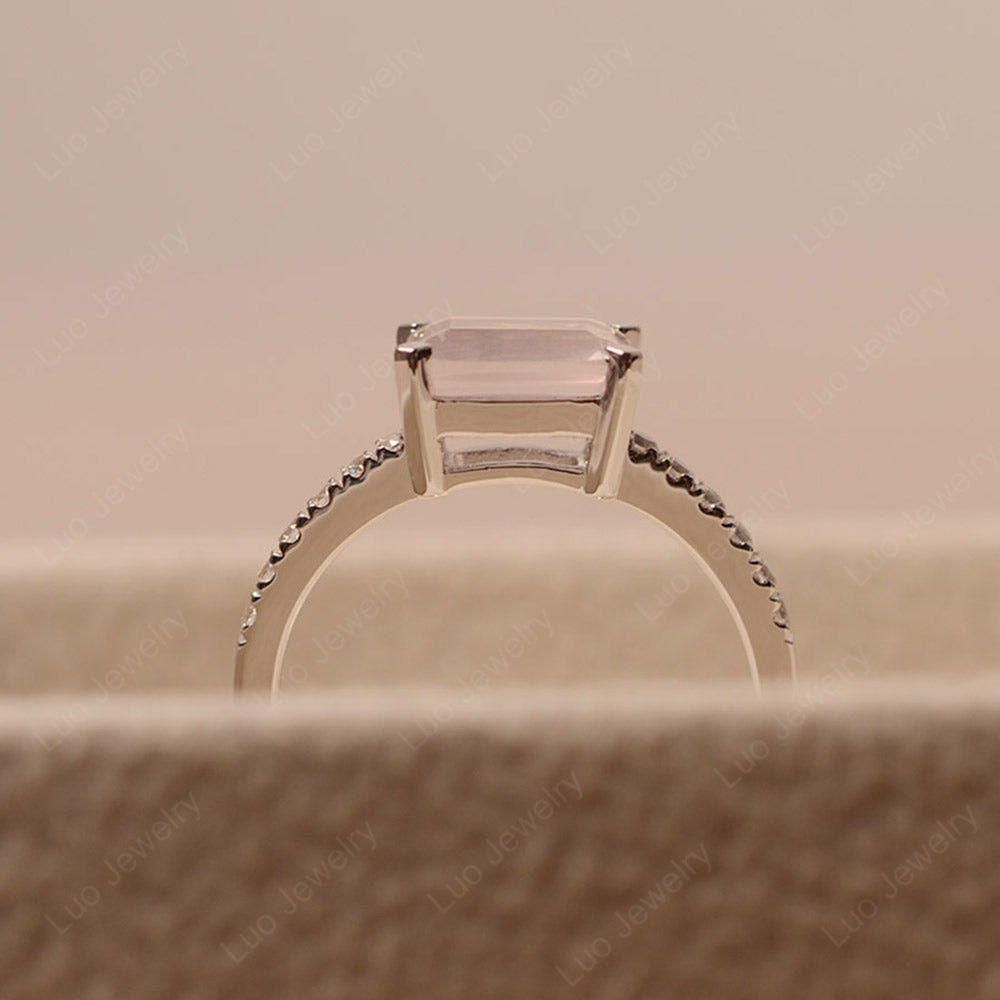 Emerald Cut Rose Quartz Ring Horizontal Engagement Ring - LUO Jewelry
