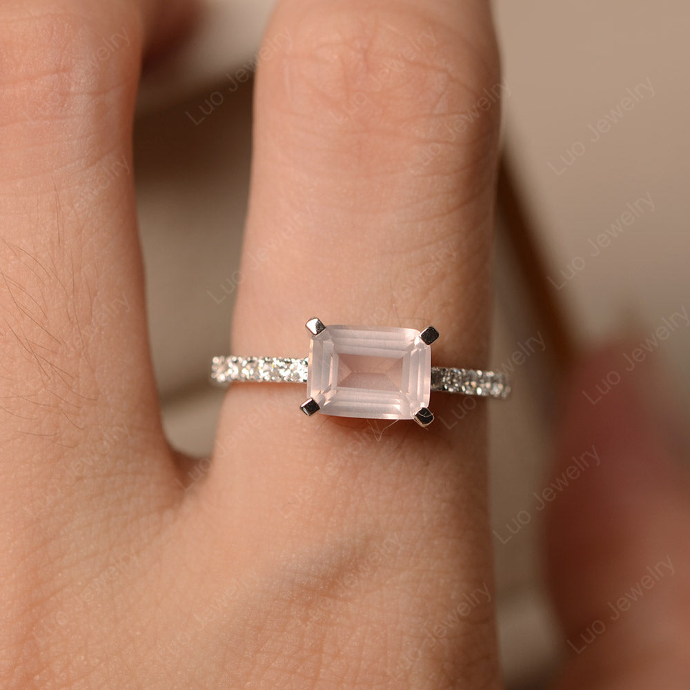 Emerald Cut Rose Quartz Ring Horizontal Engagement Ring - LUO Jewelry