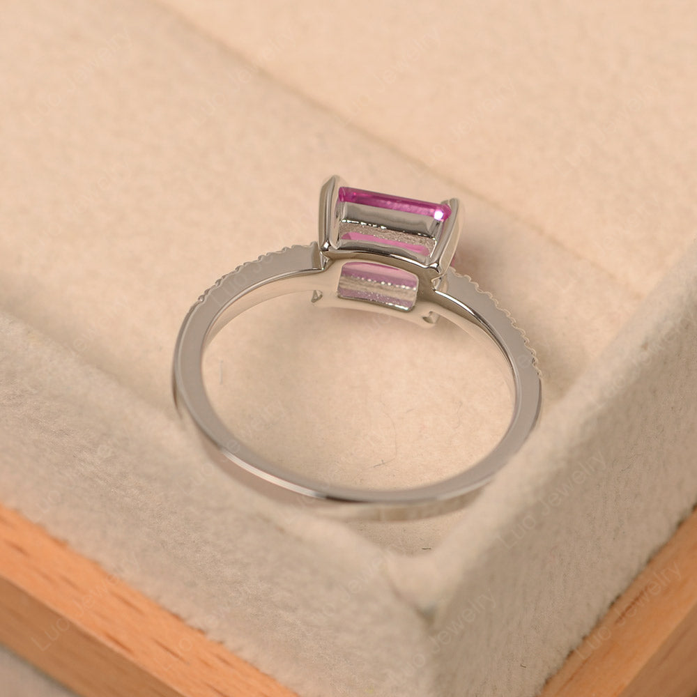 Emerald Cut Pink Sapphire Ring Horizontal Engagement Ring - LUO Jewelry