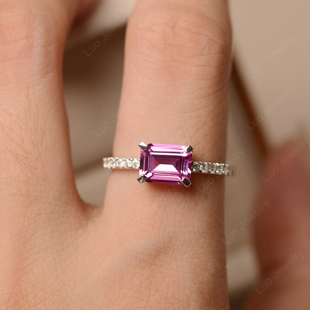 Emerald Cut Pink Sapphire Ring Horizontal Engagement Ring - LUO Jewelry