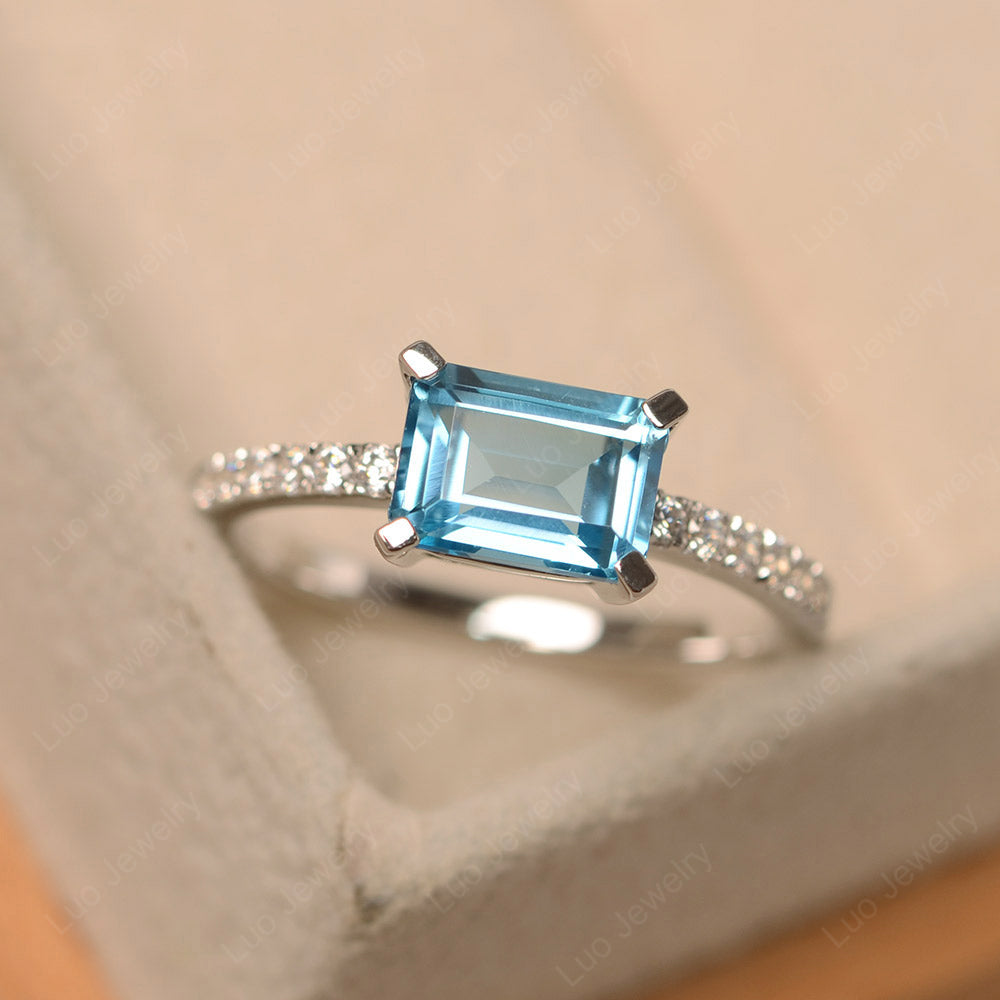 Emerald Cut Swiss Blue Topaz Ring Horizontal Engagement Ring - LUO Jewelry