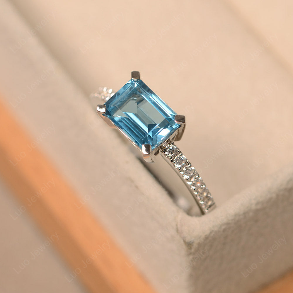 Emerald Cut Swiss Blue Topaz Ring Horizontal Engagement Ring - LUO Jewelry
