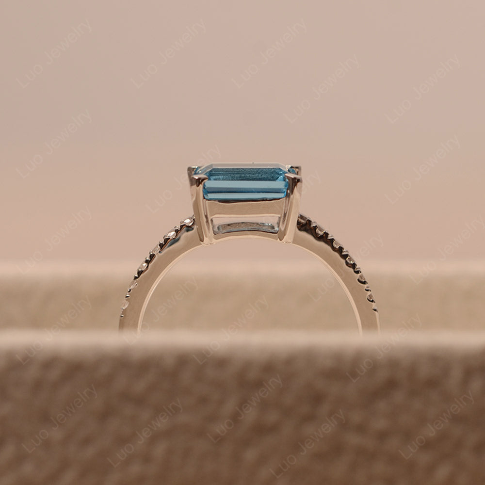 Emerald Cut Swiss Blue Topaz Ring Horizontal Engagement Ring - LUO Jewelry