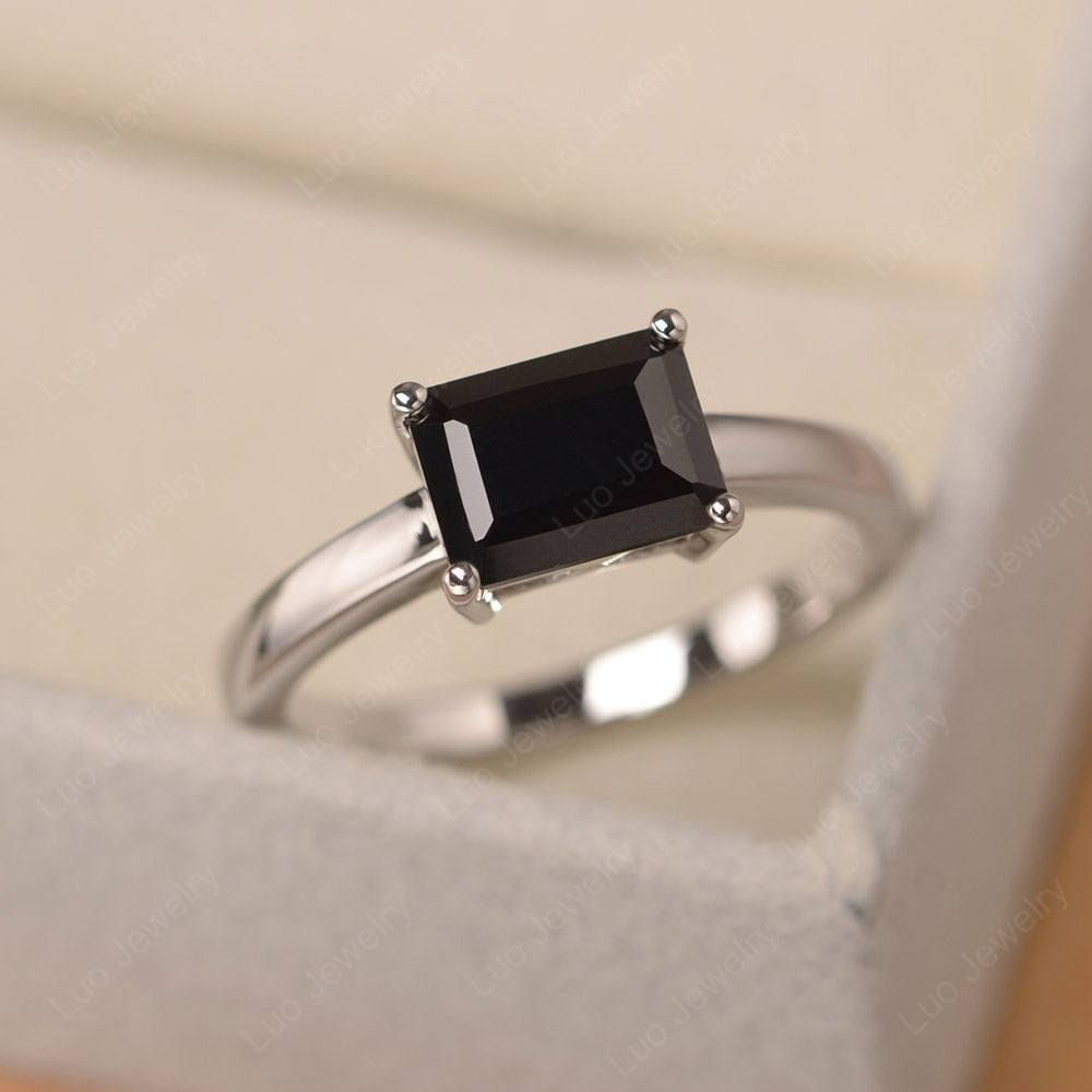 Horizontal Emerald Cut Black Spinel Solitaire Ring - LUO Jewelry