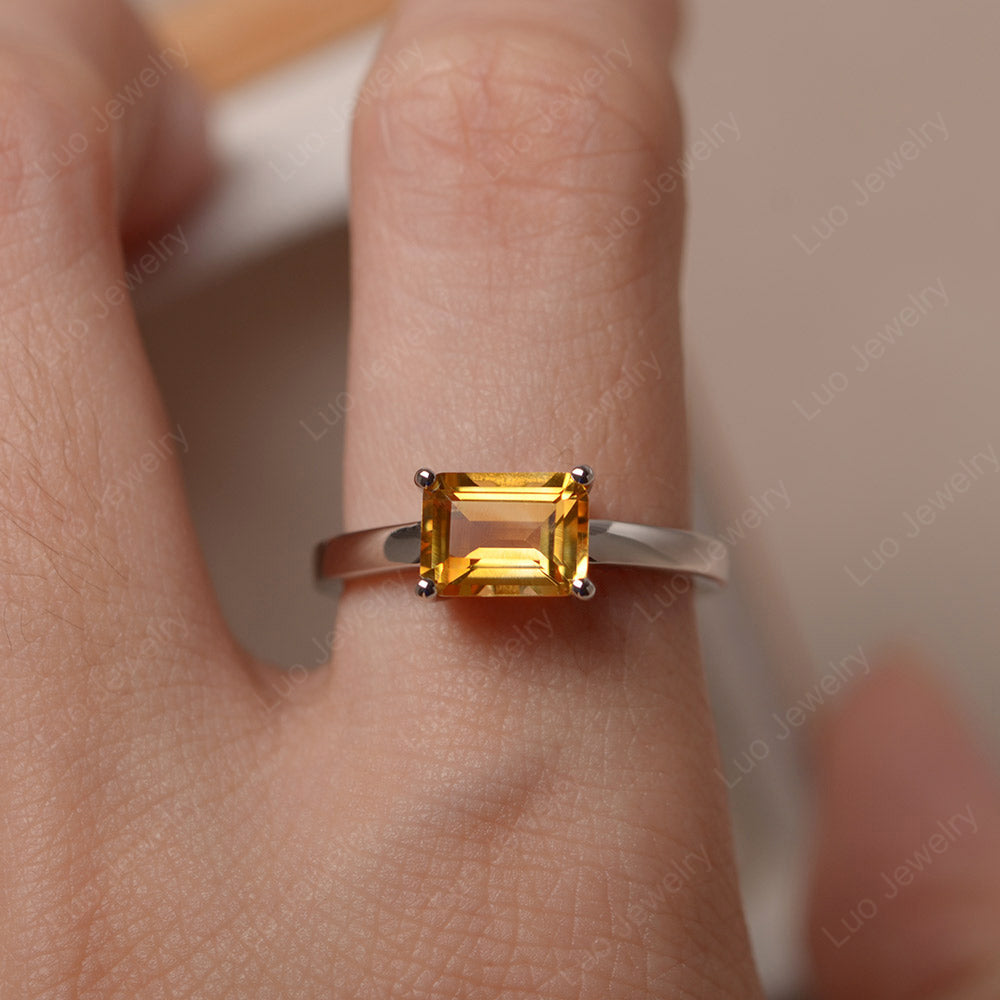 Horizontal Emerald Cut Citrine Solitaire Ring - LUO Jewelry
