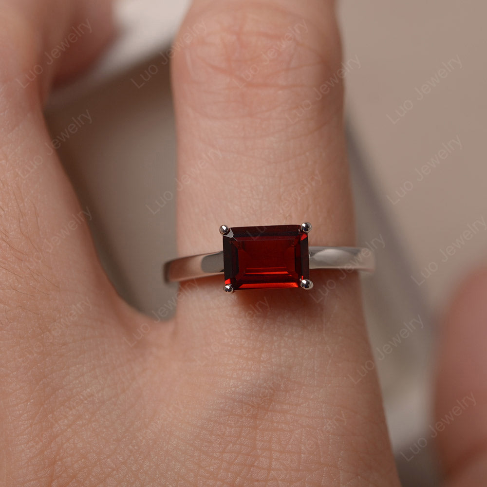 Horizontal Emerald Cut Garnet Solitaire Ring - LUO Jewelry