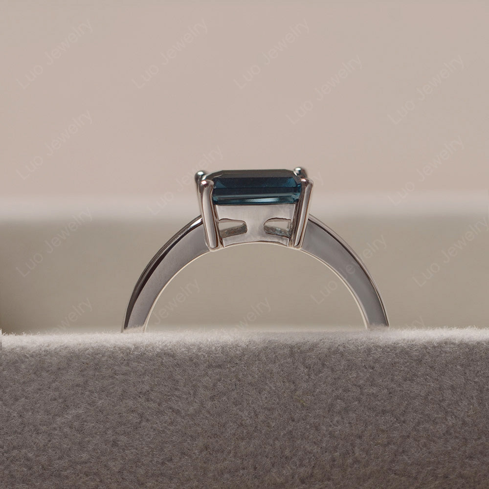 Horizontal Emerald Cut London Blue Topaz Solitaire Ring - LUO Jewelry