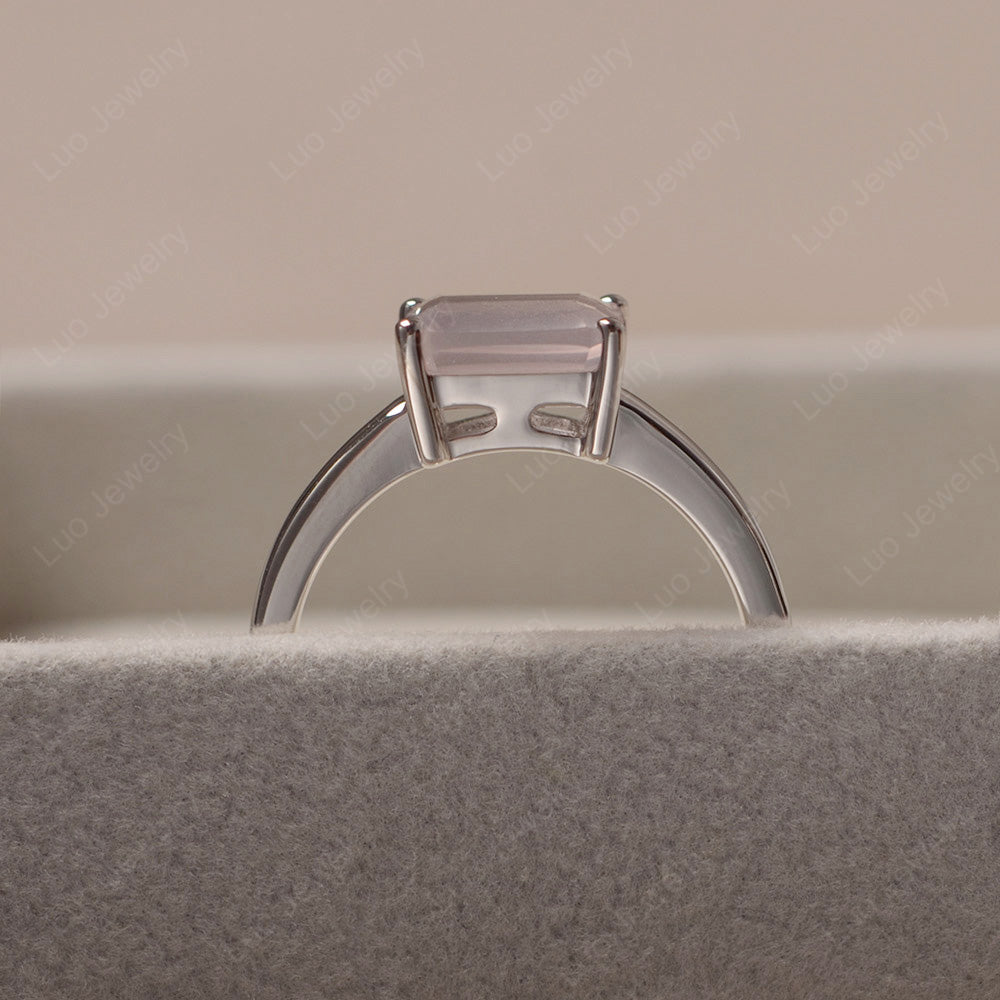 Horizontal Emerald Cut Rose Quartz Solitaire Ring - LUO Jewelry
