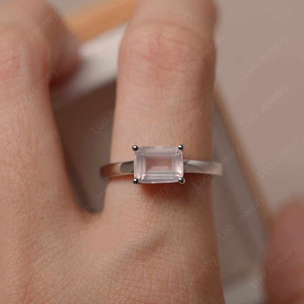 Horizontal Emerald Cut Rose Quartz Solitaire Ring - LUO Jewelry
