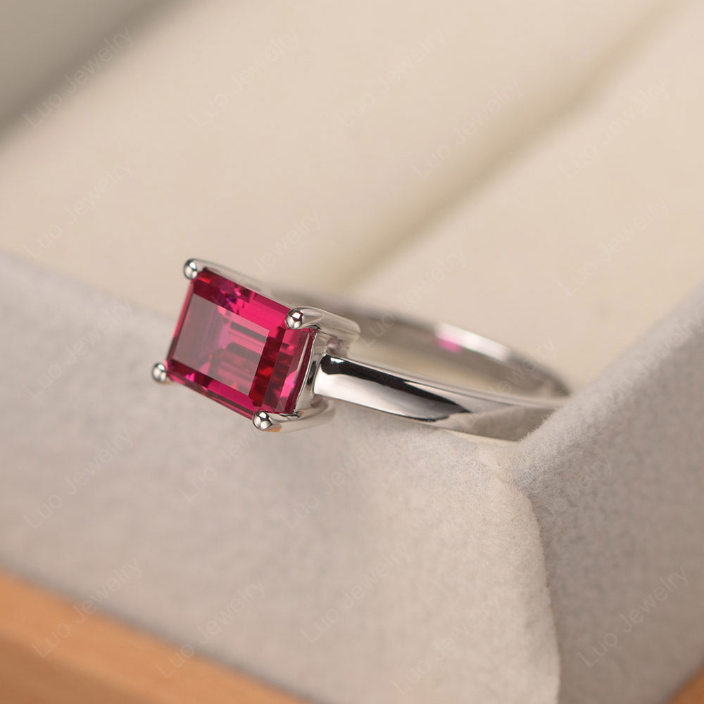 Horizontal Emerald Cut Ruby Solitaire Ring - LUO Jewelry