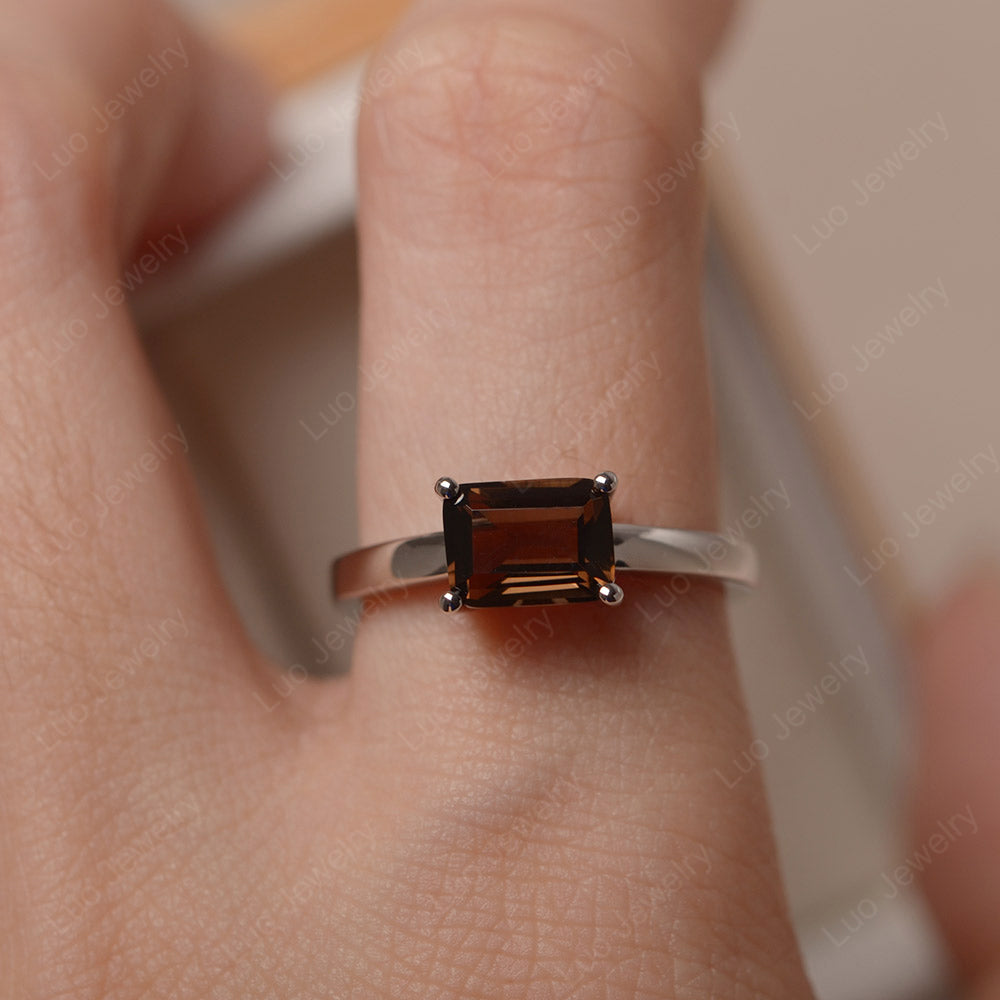 Horizontal Emerald Cut Smoky Quartz  Solitaire Ring - LUO Jewelry
