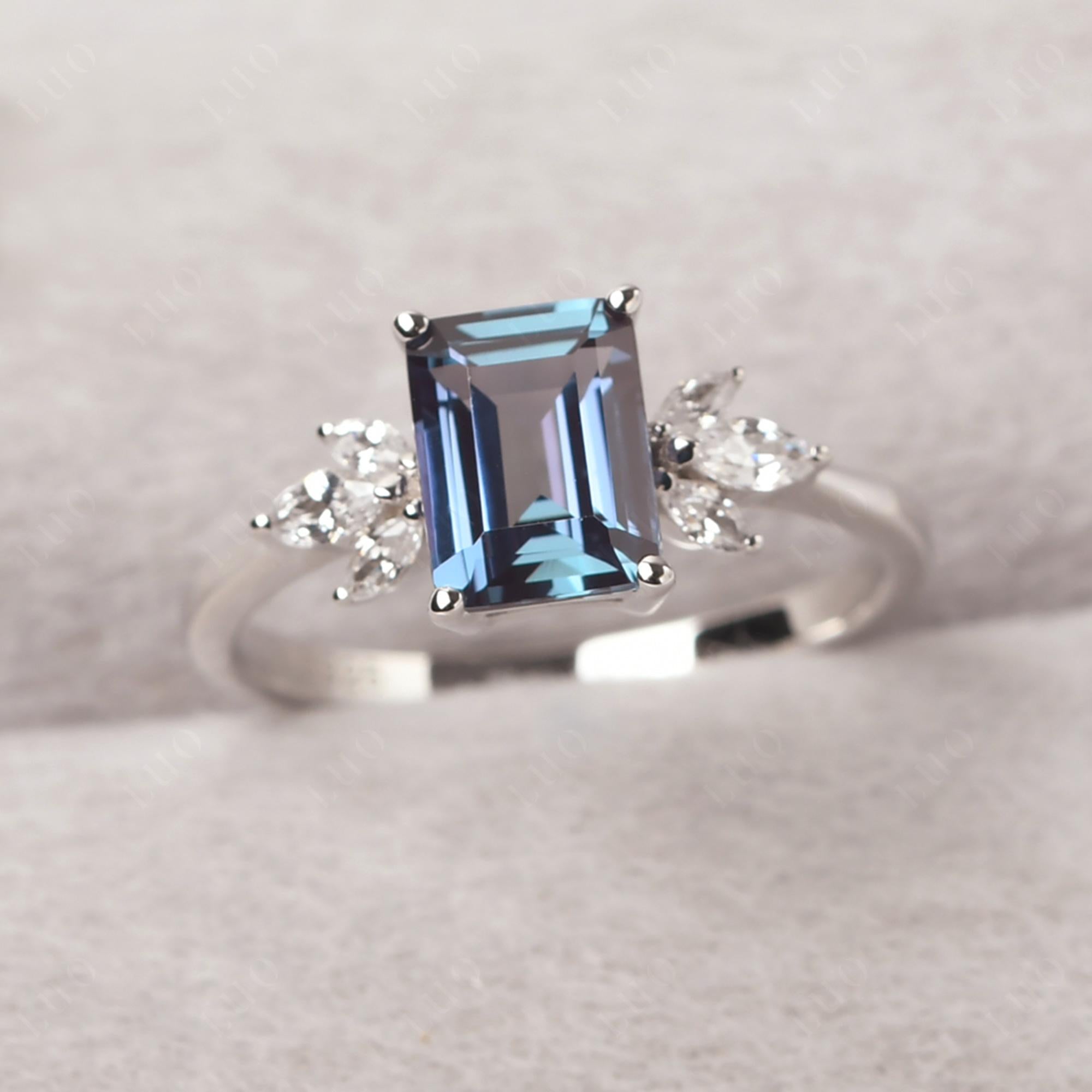 Lab Alexandrite Ring Emerald Cut Wedding Ring - LUO Jewelry