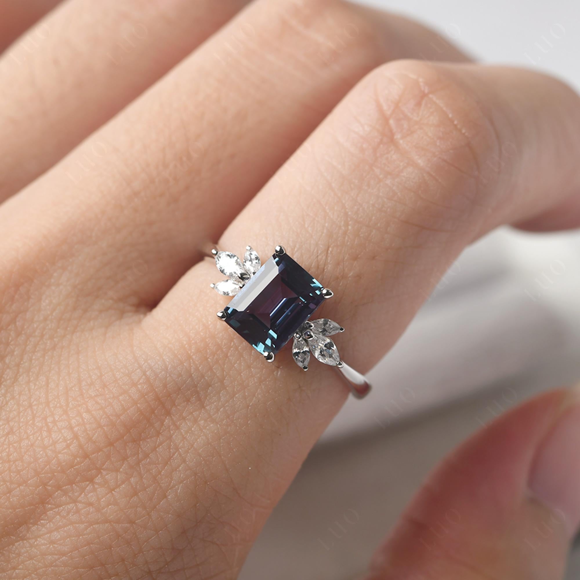 Lab Alexandrite Ring Emerald Cut Wedding Ring - LUO Jewelry