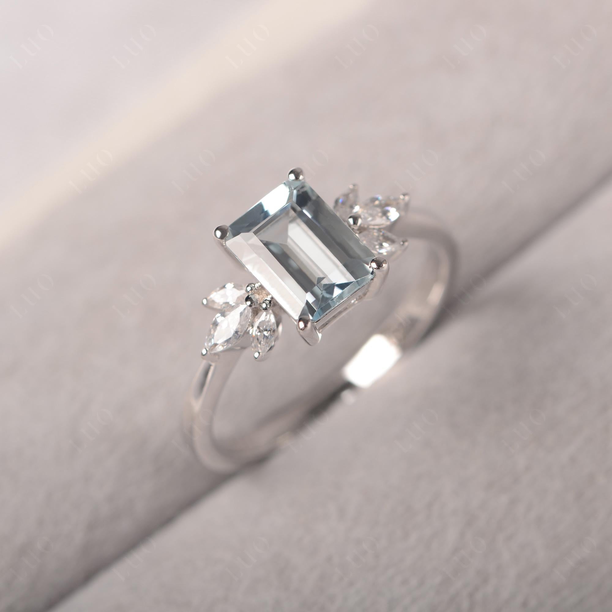 Aquamarine Ring Emerald Cut Wedding Ring - LUO Jewelry