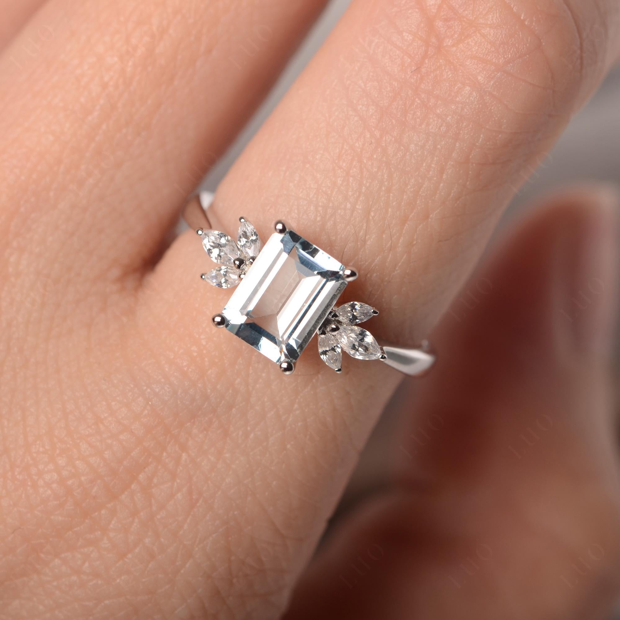 Aquamarine Ring Emerald Cut Wedding Ring - LUO Jewelry