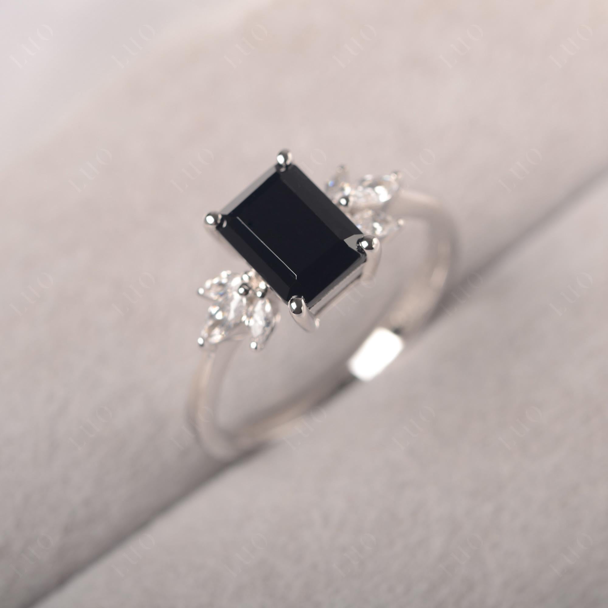 Black Spinel Ring Emerald Cut Wedding Ring - LUO Jewelry
