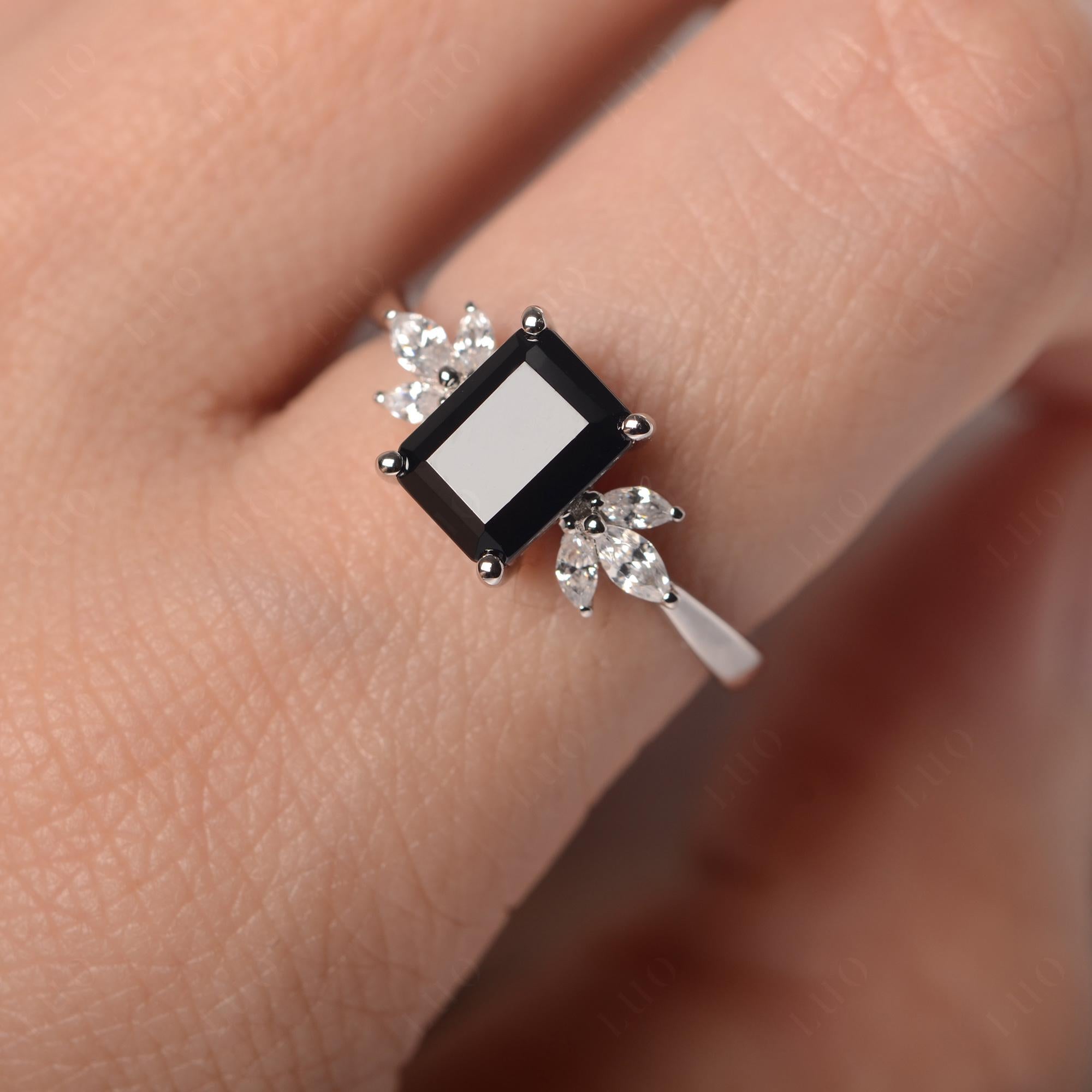 Black Spinel Ring Emerald Cut Wedding Ring - LUO Jewelry