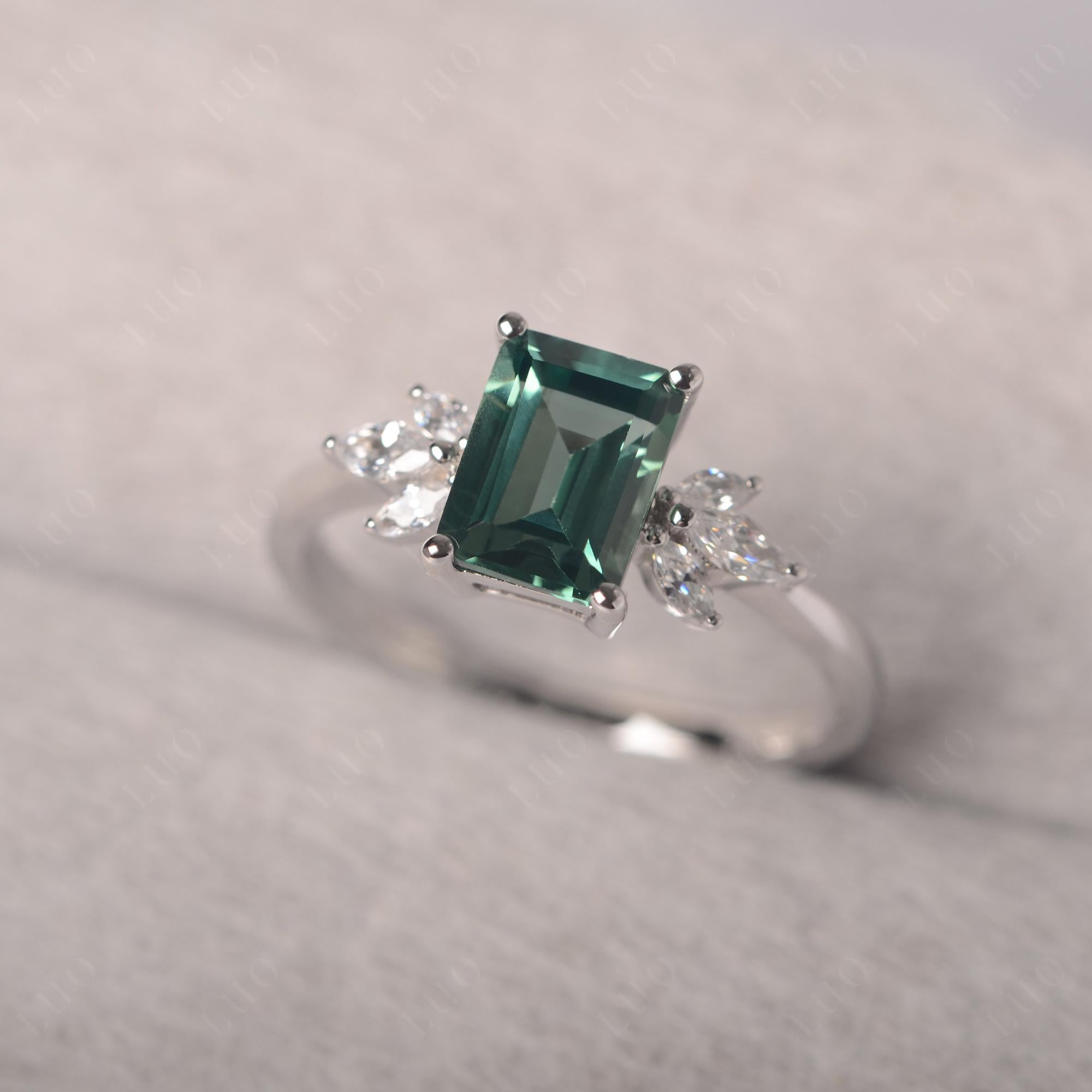 Lab Green Sapphire Ring Emerald Cut Wedding Ring - LUO Jewelry