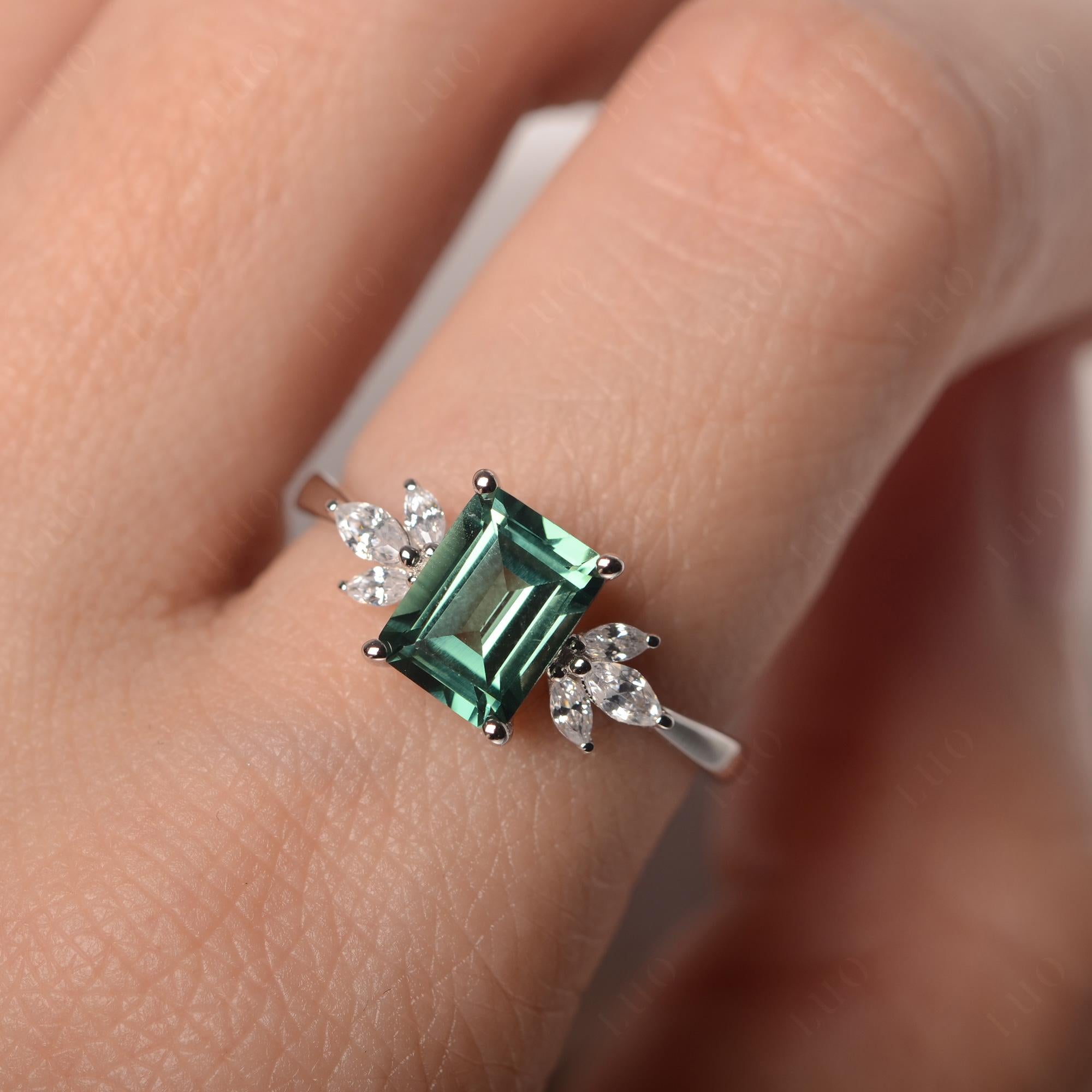Lab Green Sapphire Ring Emerald Cut Wedding Ring - LUO Jewelry