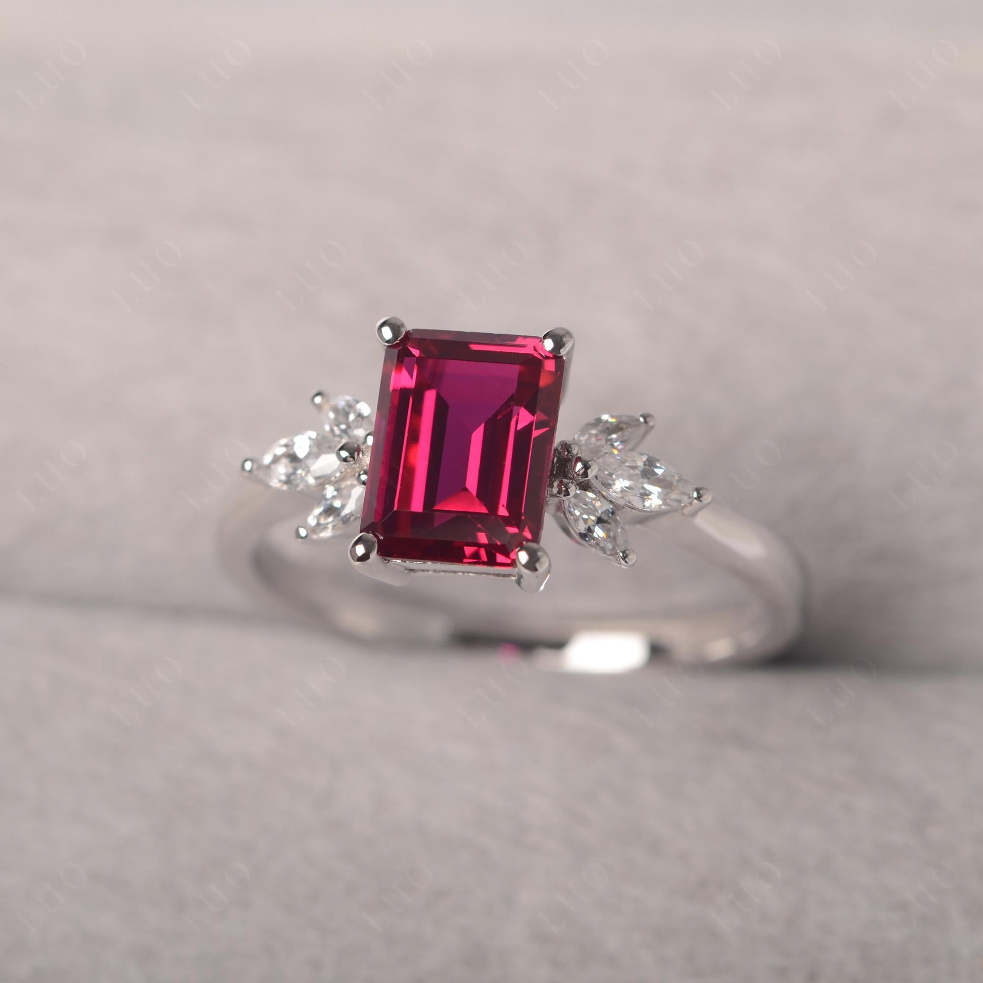 Lab Ruby Ring Emerald Cut Wedding Ring - LUO Jewelry