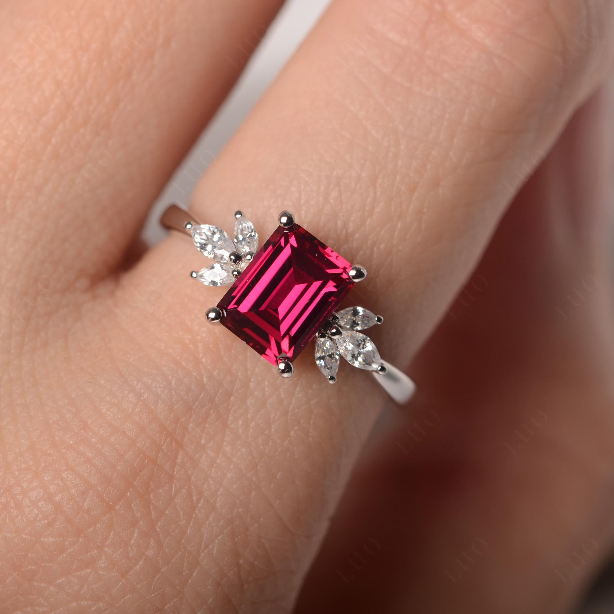 Lab Ruby Ring Emerald Cut Wedding Ring - LUO Jewelry