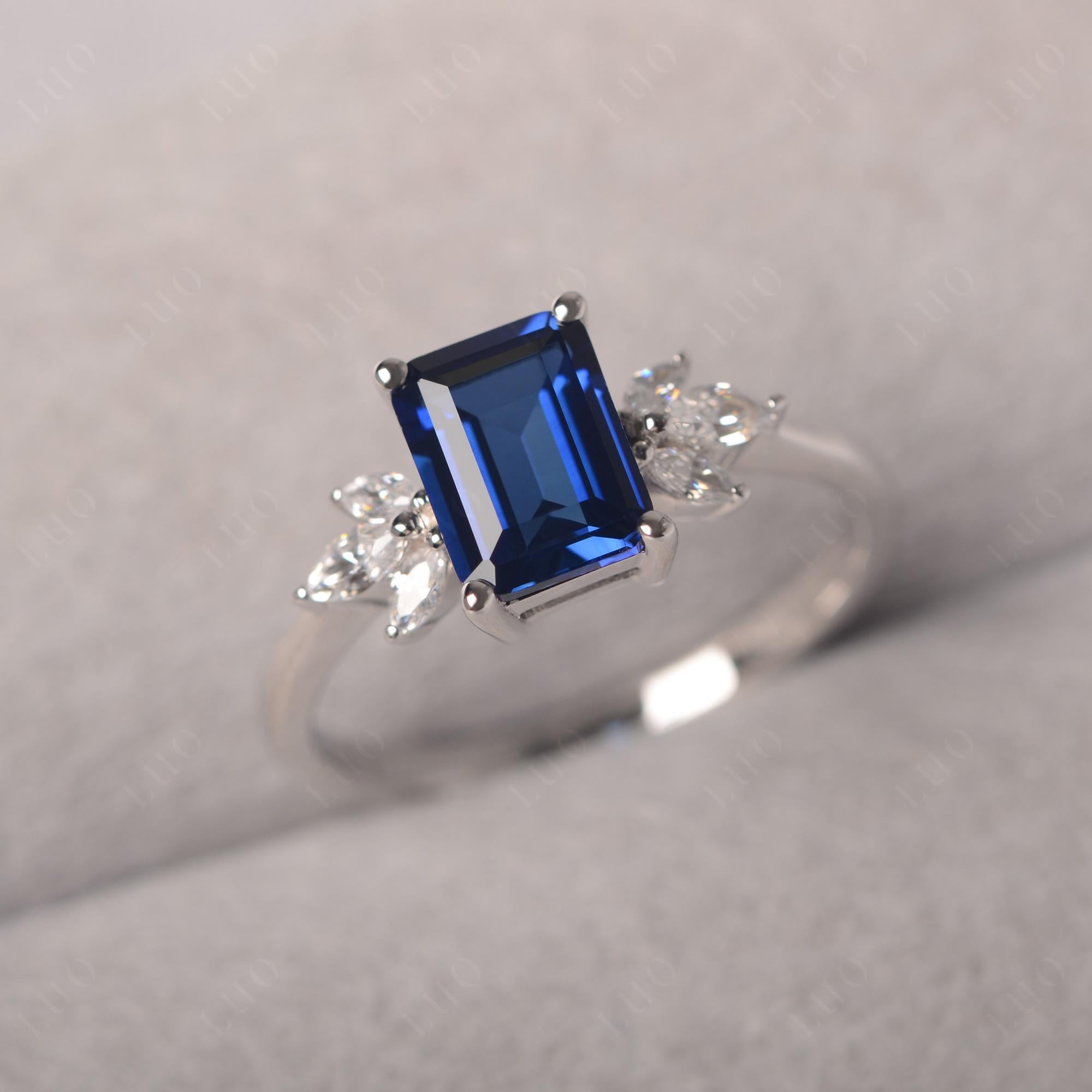 Lab Created Sapphire Ring Emerald Cut Wedding Ring - LUO Jewelry