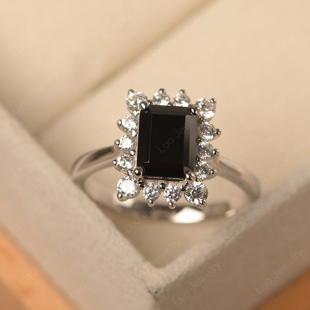 Black Spinel Emerald Cut Halo Engagement Rings - LUO Jewelry
