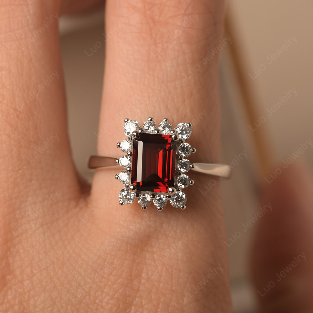 Garnet Emerald Cut Halo Engagement Rings - LUO Jewelry