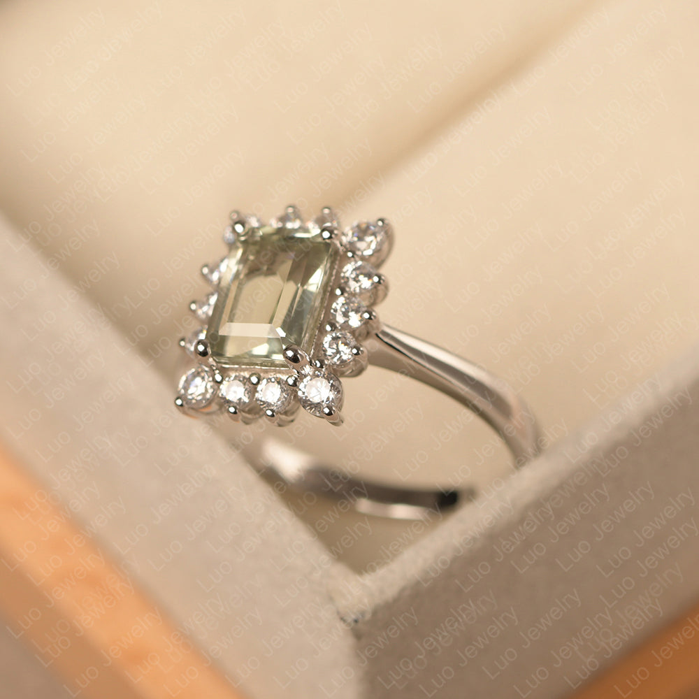 Green Amethyst Emerald Cut Halo Engagement Rings - LUO Jewelry