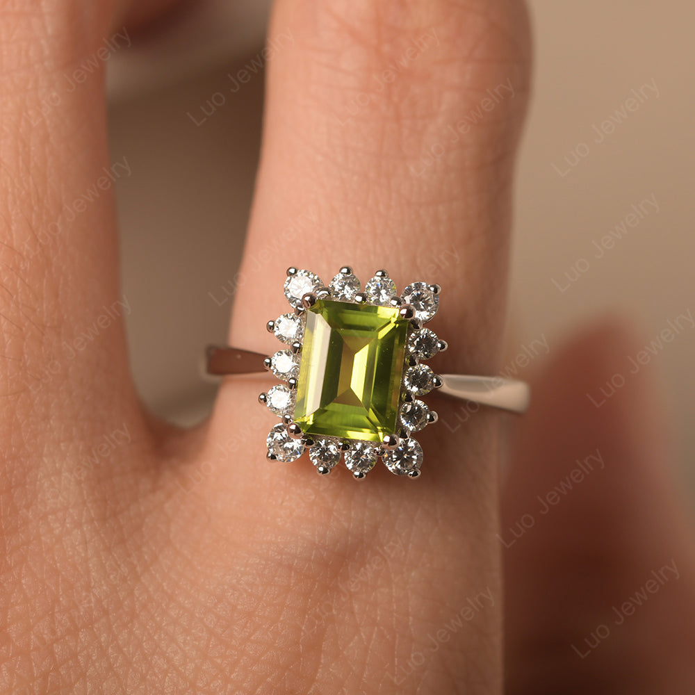 Peridot Emerald Cut Halo Engagement Rings - LUO Jewelry
