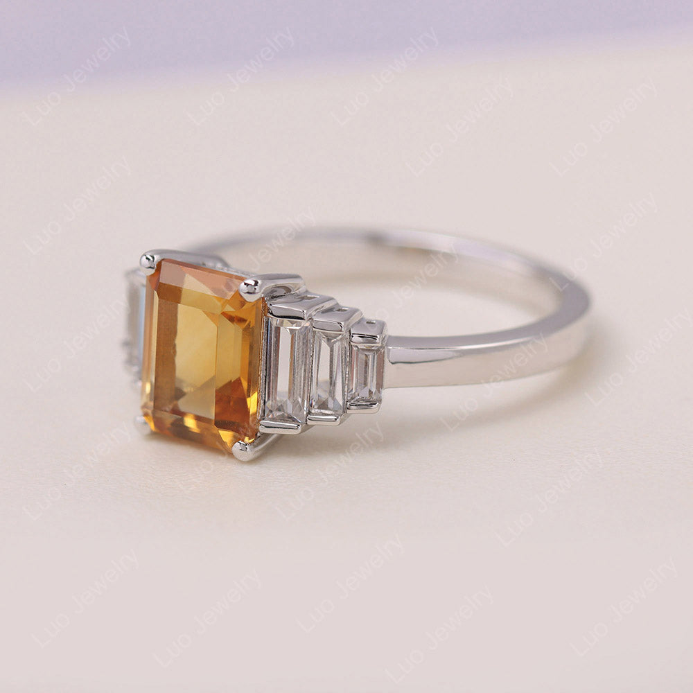 Emerald Cut Citrine Ring with Baguette