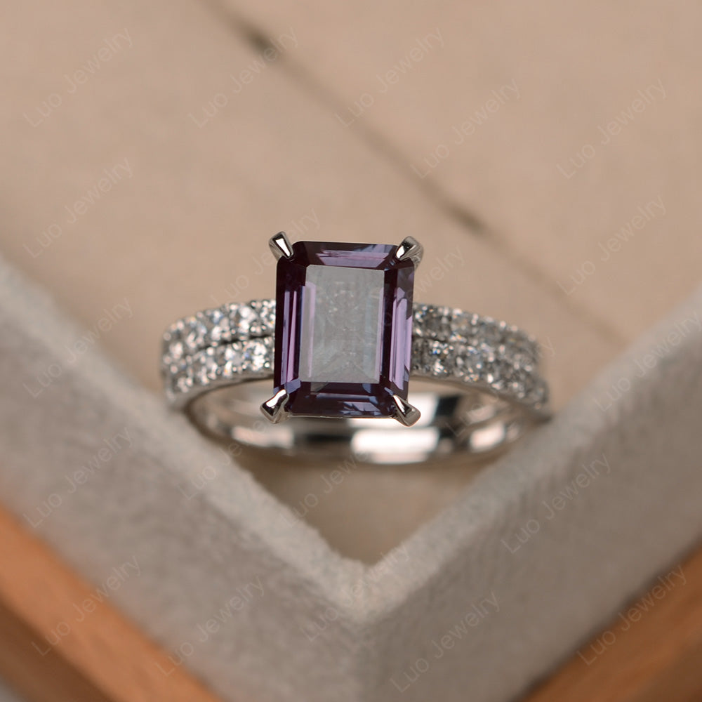 Emerald Cut Alexandrite Bridal Set Wedding Ring - LUO Jewelry
