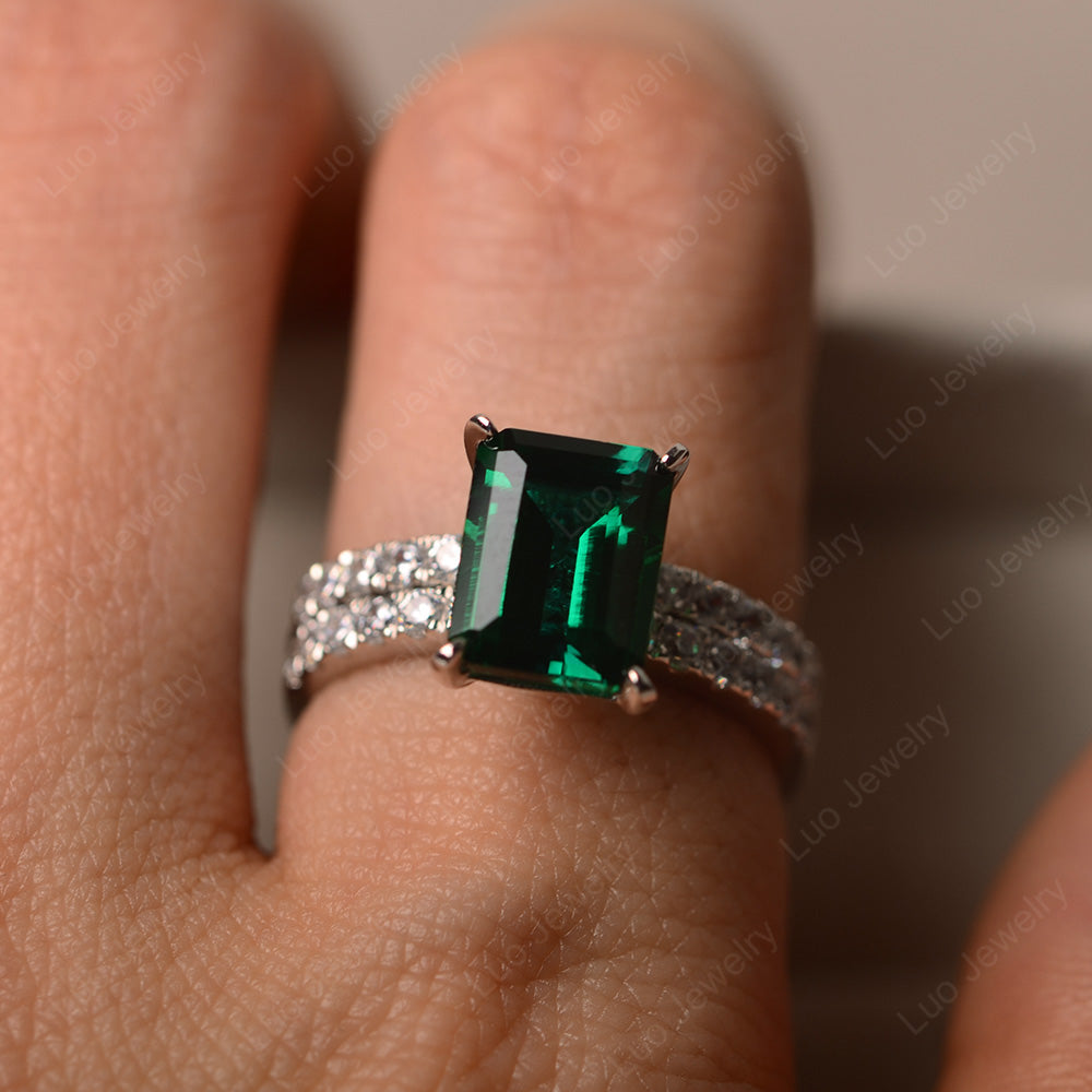 Emerald Cut Lab Emerald Bridal Set Wedding Ring - LUO Jewelry