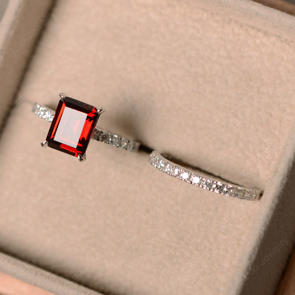 Emerald Cut Garnet Bridal Set Wedding Ring - LUO Jewelry