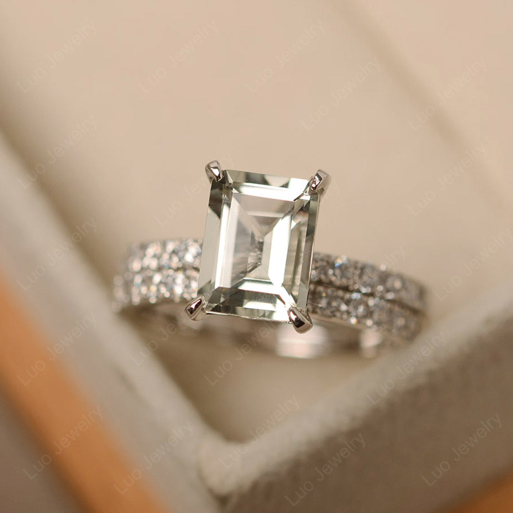 Emerald Cut Green Amethyst Bridal Set Wedding Ring - LUO Jewelry