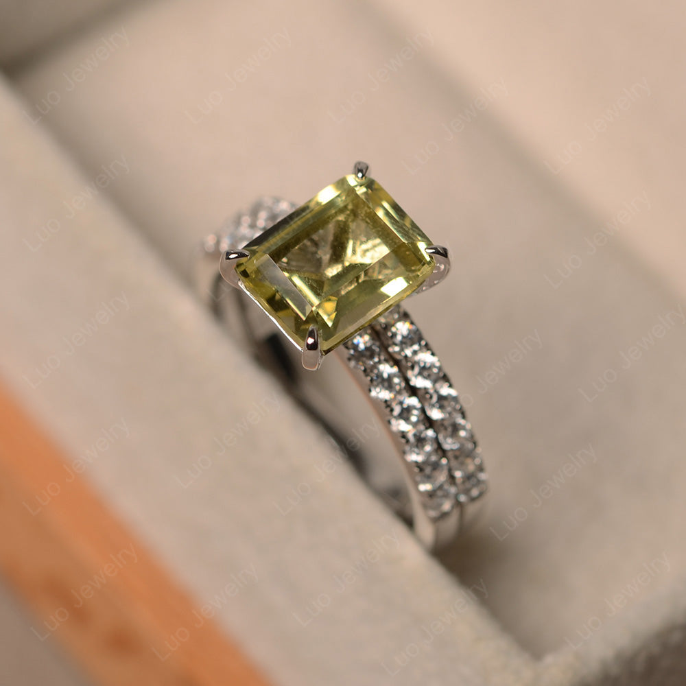 Emerald Cut Lemon Quartz Bridal Set Wedding Ring - LUO Jewelry