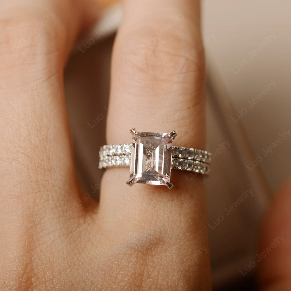 Emerald Cut Morganite Bridal Set Wedding Ring - LUO Jewelry