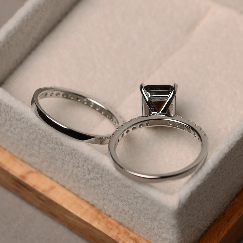 Emerald Cut Smoky Quartz  Bridal Set Wedding Ring - LUO Jewelry